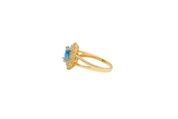 14KT Gold Ring Women's Pear Turquoise CZ Center with Round Double White CZ Stones Border and Plain Split Band
