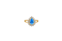 14KT Gold Ring Women's Pear Turquoise CZ Center with Round Double White CZ Stones Border and Plain Split Band