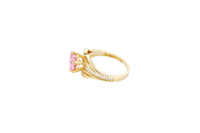 14KT Gold Ring Women's Pink Round 6 Prong Center CZ with White Baguette CZ Band and Plain Lips Border