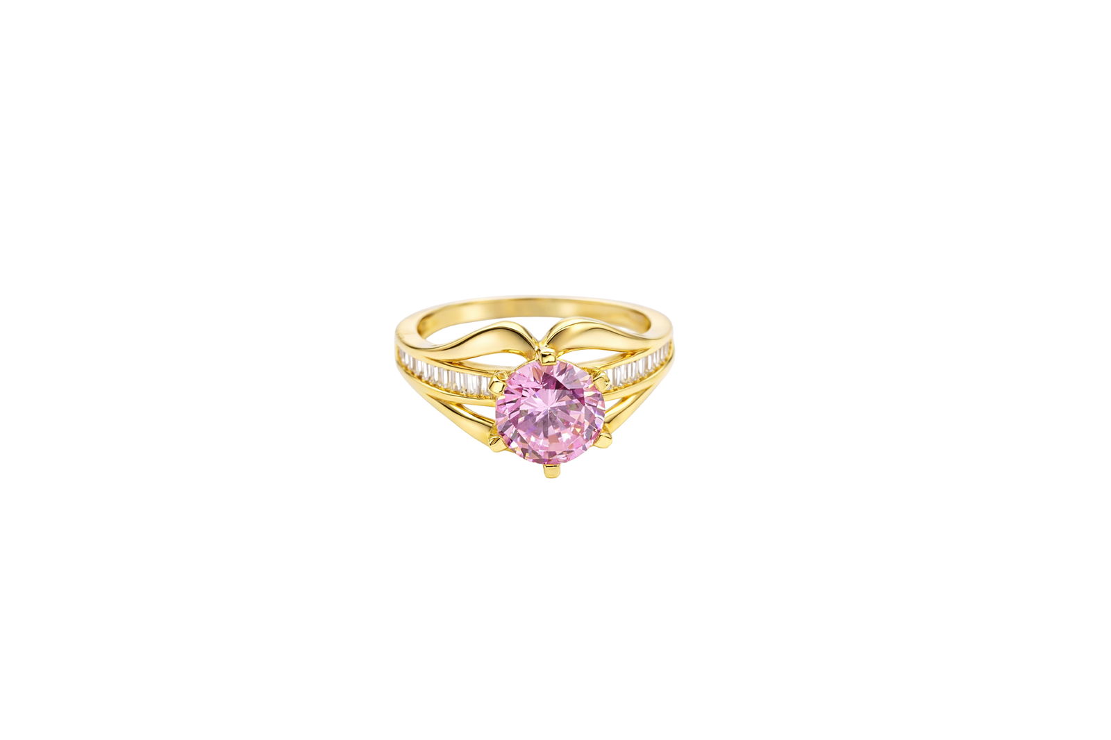 14KT Gold Ring Women's Pink Round 6 Prong Center CZ with White Baguette CZ Band and Plain Lips Border