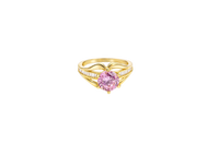 14KT Gold Ring Women's Pink Round 6 Prong Center CZ with White Baguette CZ Band and Plain Lips Border