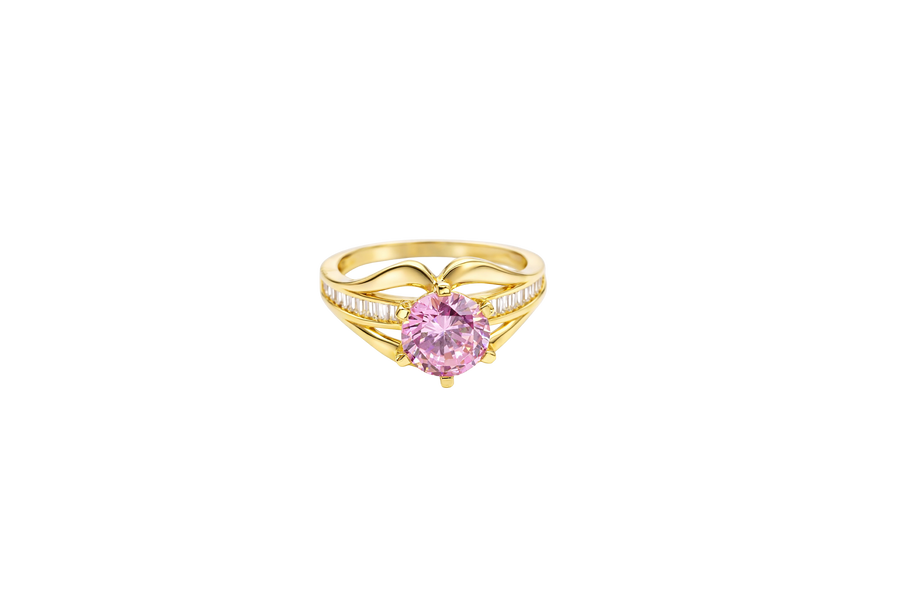 14KT Gold Ring Women's Pink Round 6 Prong Center CZ with White Baguette CZ Band and Plain Lips Border