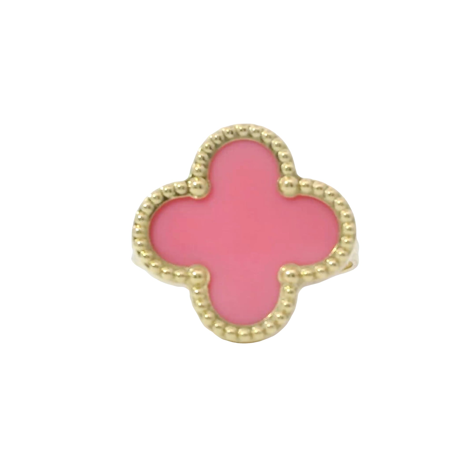 14KT Gold Ring Women's Jumbo Pink Clover with Beaded Border and Plain Split Band