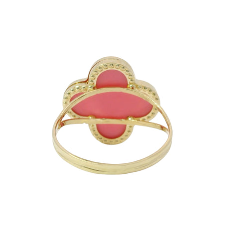 14KT Gold Ring Women's Jumbo Pink Clover with Beaded Border and Plain Split Band