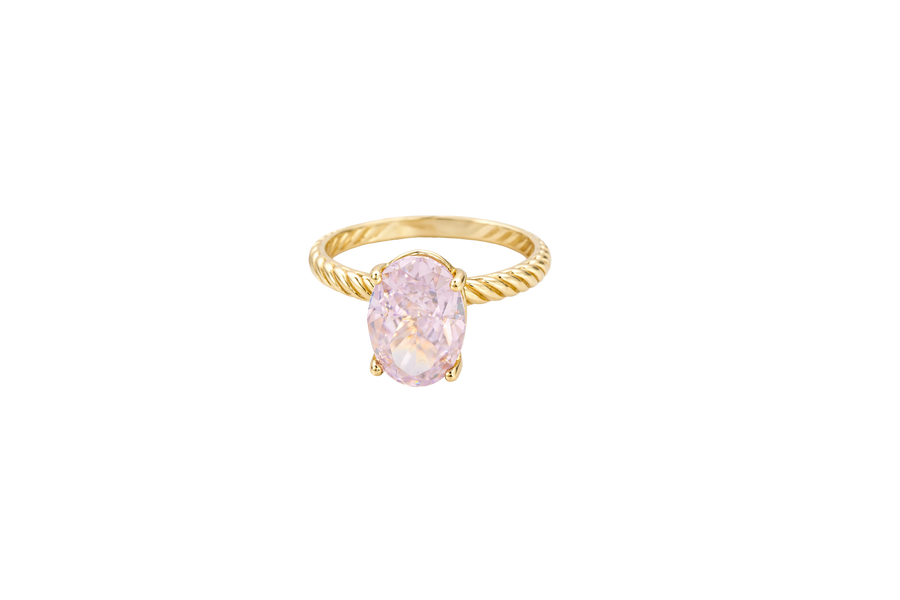 14KT Gold Ring Women's Pink Oval 4 Prong Plain Rope Band