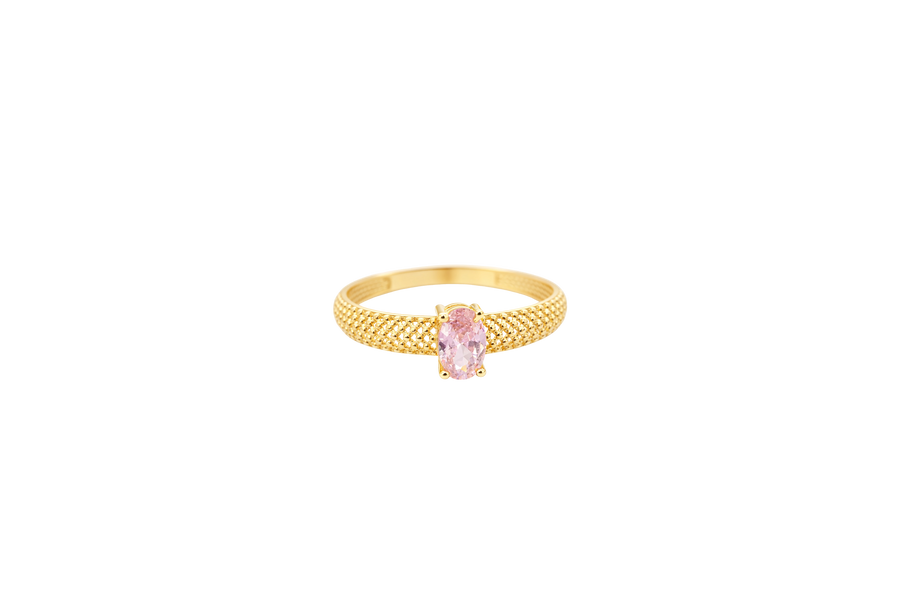 14KT Gold Ring Women's Pink Oval Center CZ Honeycomb Cutout Band