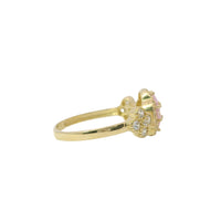 14KT Gold Ring Women's Jumbo Flower Pink Square CZ Stone Center Four Pink CZ Stone Oval Petals with Two White CZ Stone Side Flowers and Borders with Plain Band