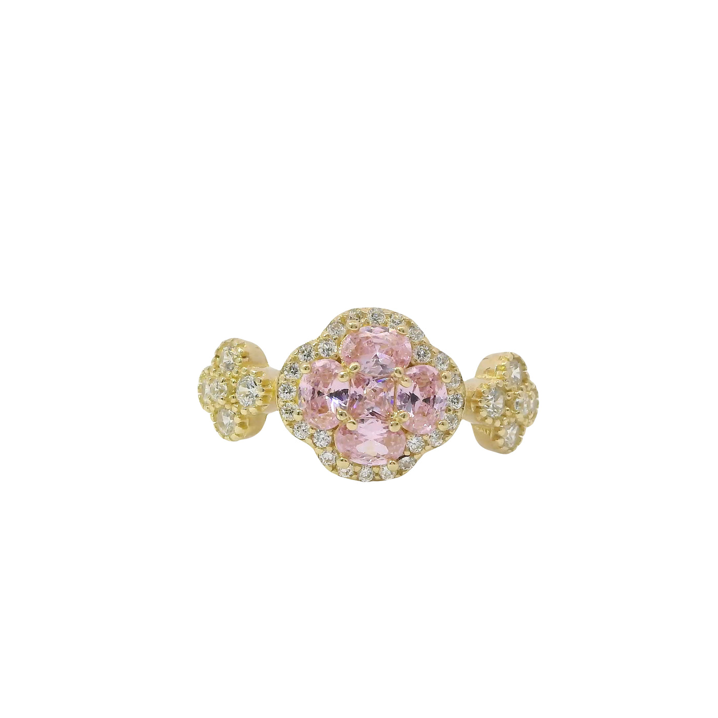 14KT Gold Ring Women's Jumbo Flower Pink Square CZ Stone Center Four Pink CZ Stone Oval Petals with Two White CZ Stone Side Flowers and Borders with Plain Band