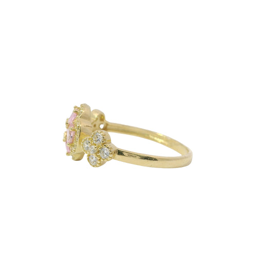 14KT Gold Ring Women's Jumbo Flower Pink Square CZ Stone Center Four Pink CZ Stone Oval Petals with Two White CZ Stone Side Flowers and Borders with Plain Band