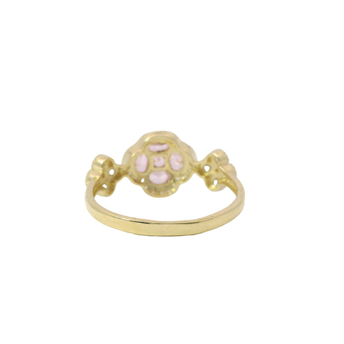 14KT Gold Ring Women's Jumbo Flower Pink Square CZ Stone Center Four Pink CZ Stone Oval Petals with Two White CZ Stone Side Flowers and Borders with Plain Band