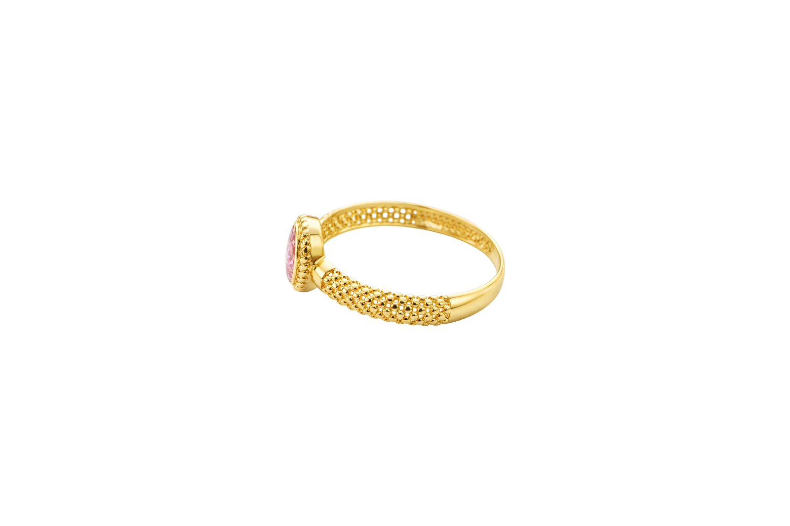 14KT Gold Ring Women's Oval Pink Center Stone with Rope Border Plain Diamond Cut Band