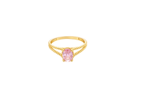 14KT Gold Ring Women's Oval Pink Center Stone with Rope Halo and Rope Split Band