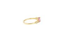 14KT Gold Ring Women's Pear Pink Center Stone with Three Round White CZ on Each Side Plain Band