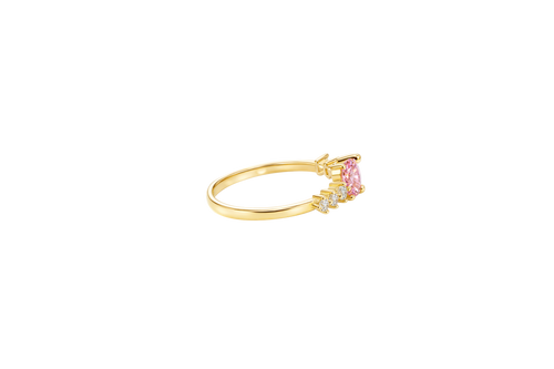 14KT Gold Ring Women's Pear Pink Center Stone with Three Round White CZ on Each Side Plain Band