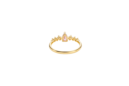14KT Gold Ring Women's Pear Pink Center Stone with Three Round White CZ on Each Side Plain Band