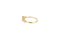 14KT Gold Ring Women's Pear Pink Center Stone with Three Round White CZ on Each Side Plain Band