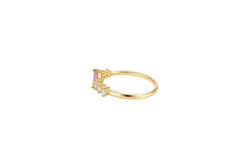 14KT Gold Ring Women's Pear Pink Center Stone with Three Round White CZ on Each Side Plain Band