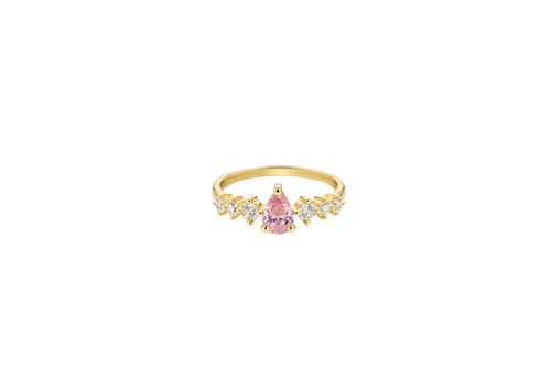 14KT Gold Ring Women's Pear Pink Center Stone with Three Round White CZ on Each Side Plain Band