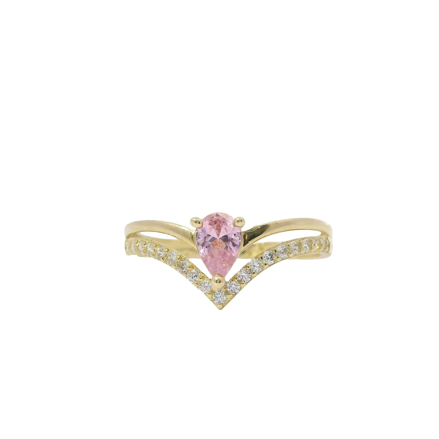 14KT Women's Gold Ring Pink Pear Center CZ Stone with Spit Chevron Upper White CZ Stone Band and Lower Plain Band