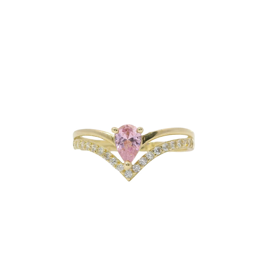 14KT Women's Gold Ring Pink Pear Center CZ Stone with Spit Chevron Upper White CZ Stone Band and Lower Plain Band
