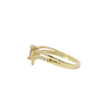 14KT Women's Gold Ring Pink Pear Center CZ Stone with Spit Chevron Upper White CZ Stone Band and Lower Plain Band