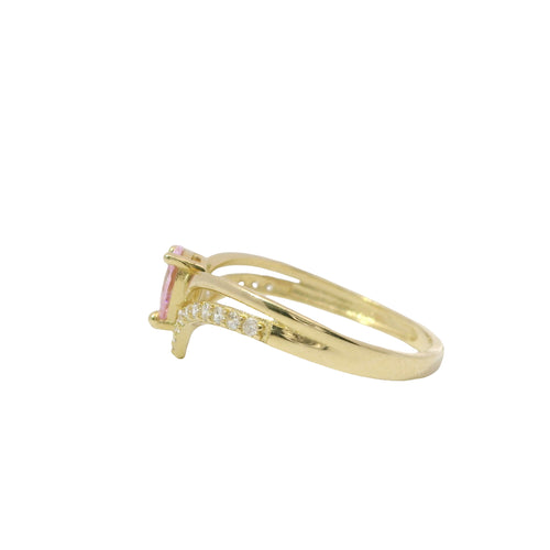 14KT Women's Gold Ring Pink Pear Center CZ Stone with Spit Chevron Upper White CZ Stone Band and Lower Plain Band