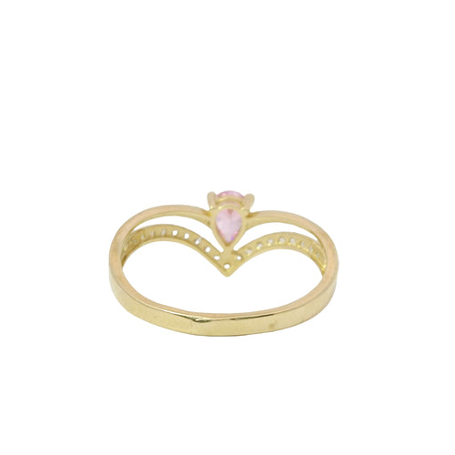 14KT Women's Gold Ring Pink Pear Center CZ Stone with Spit Chevron Upper White CZ Stone Band and Lower Plain Band