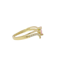 14KT Women's Gold Ring Pink Pear Center CZ Stone with Spit Chevron Upper White CZ Stone Band and Lower Plain Band