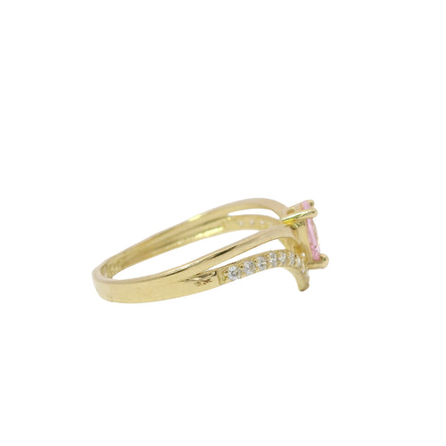 14KT Women's Gold Ring Pink Pear Center CZ Stone with Spit Chevron Upper White CZ Stone Band and Lower Plain Band