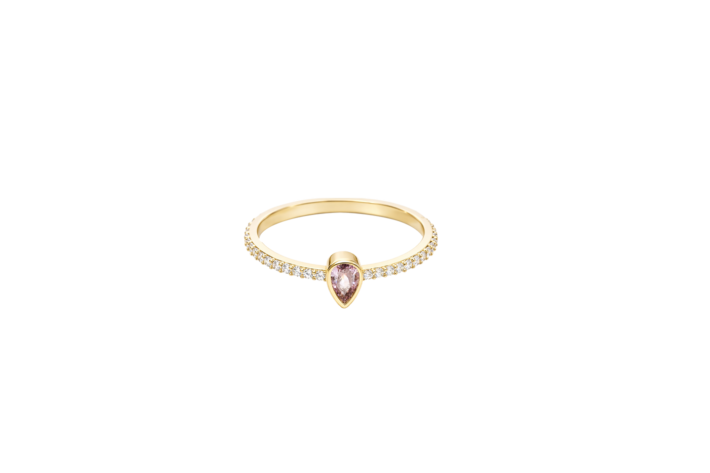 14KT Gold Ring Women's Pink Pear Tear Drop Center CZ Stone with Round White CZ Stones Band
