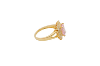 14KT Gold Ring Women's Rectangle Pink CZ Center with Round Double White CZ Stones Border and Plain Split Band