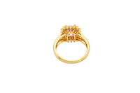 14KT Gold Ring Women's Rectangle Pink CZ Center with Round Double White CZ Stones Border and Plain Split Band