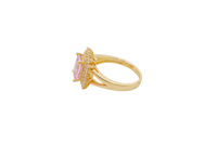 14KT Gold Ring Women's Rectangle Pink CZ Center with Round Double White CZ Stones Border and Plain Split Band