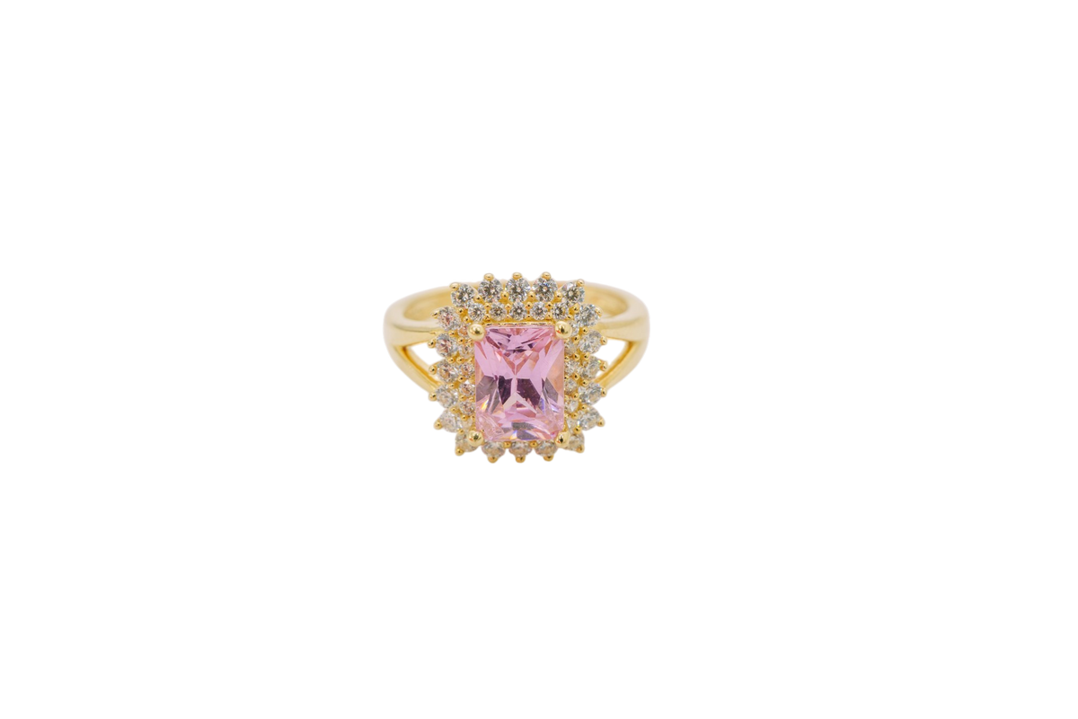 14KT Gold Ring Women's Rectangle Pink CZ Center with Round Double White CZ Stones Border and Plain Split Band