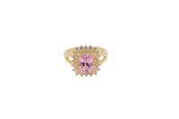 14KT Gold Ring Women's Rectangle Pink CZ Center with Round Double White CZ Stones Border and Plain Split Band