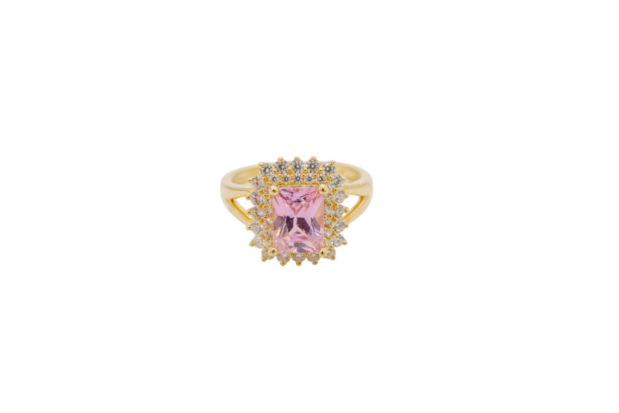 14KT Gold Ring Women's Rectangle Pink CZ Center with Round Double White CZ Stones Border and Plain Split Band