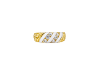 14KT Gold Ring Women's Two Tone Nugget Band with Two Rows of Three White CZ Stone Plain Border