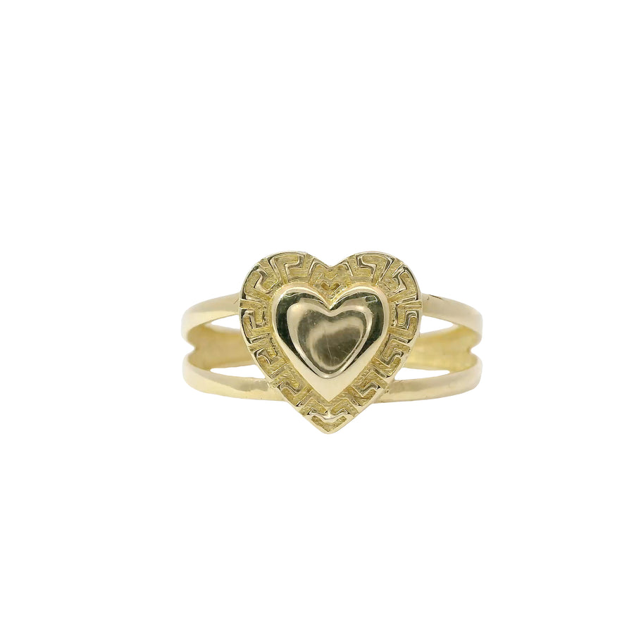 14KT Gold Ring Women's Plain Puff Heart with Greek Border and Plain Split Band