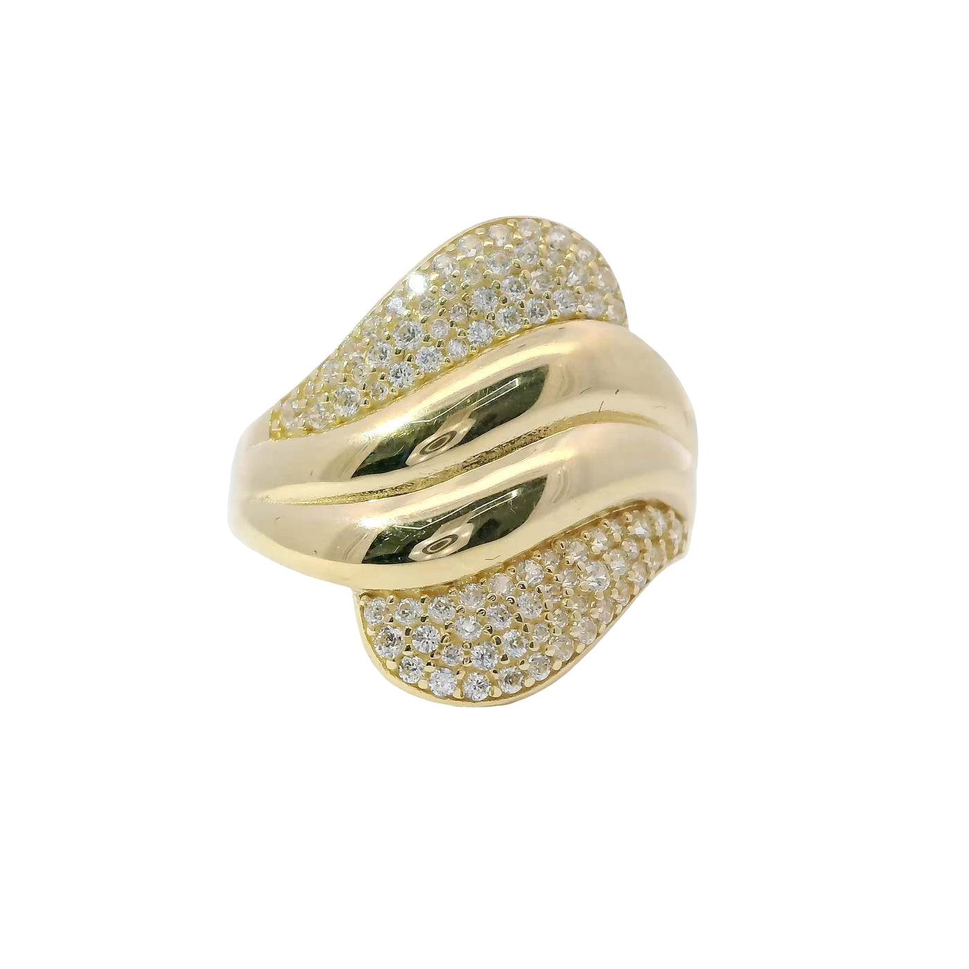 14KT Gold Women's Ring Abstract Plain Double Wave Band with White CZ Stones on Top and Lower Bands