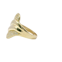 14KT Gold Women's Ring Abstract Plain Double Wave Band with White CZ Stones on Top and Lower Bands