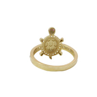 14KT Gold Ring Women's Mini Plain Shell Turtle White CZ Stones Border and Band with Pink CZ Eyes