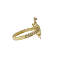 14KT Gold Ring Women's Mini Plain Shell Turtle White CZ Stones Border and Band with Pink CZ Eyes