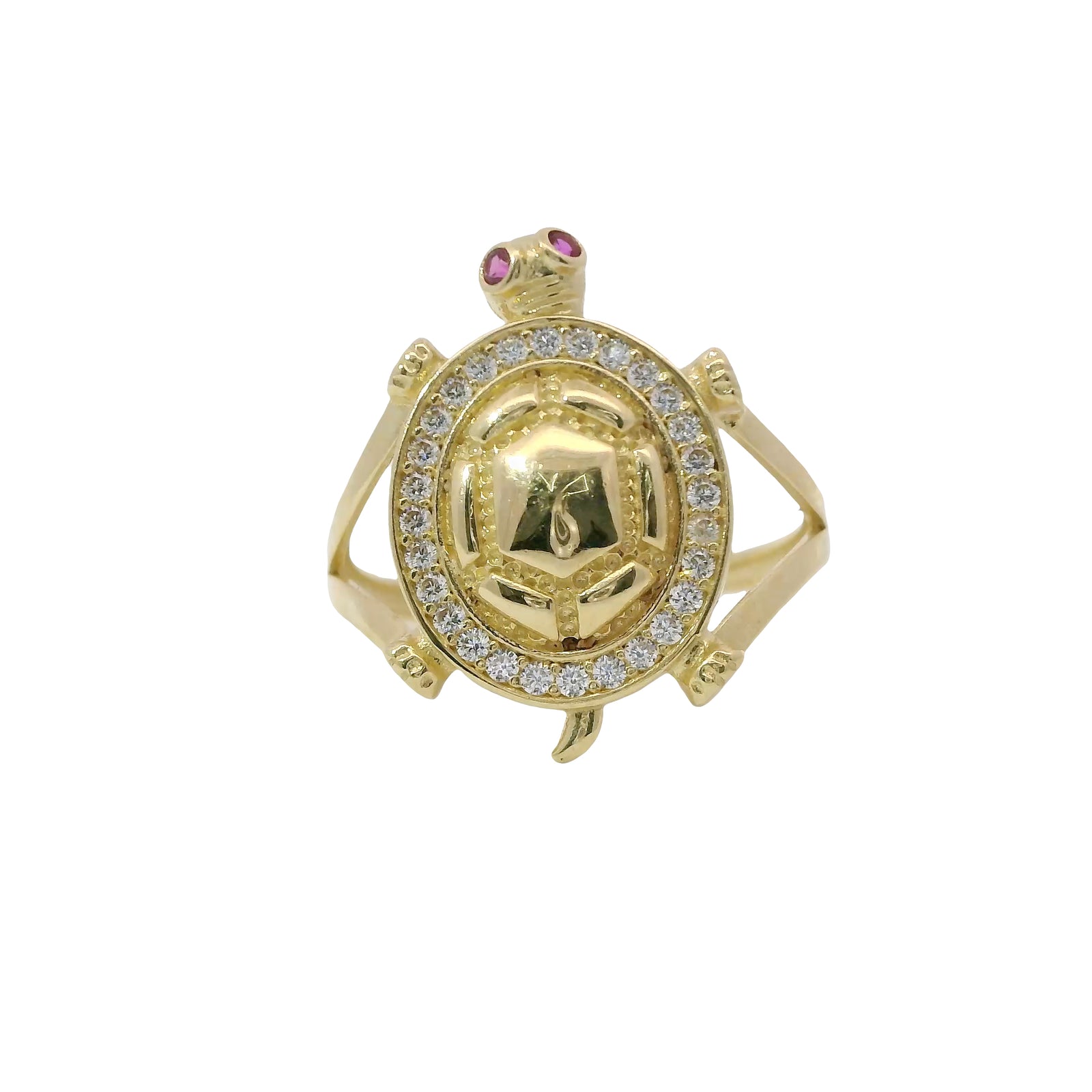 14KT Gold Women's Ring Jumbo Plain Shell Turtle with White CZ Stones Border Pink Eyes Plain Split Band