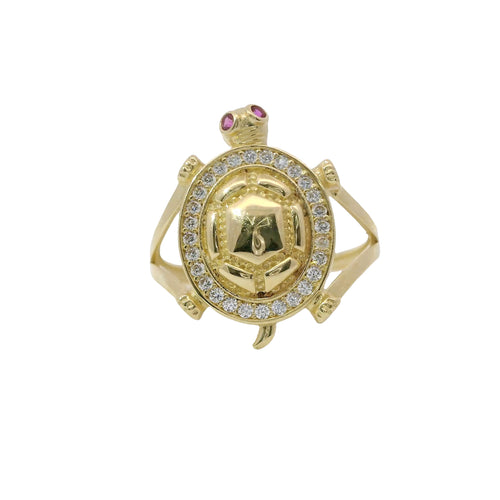 14KT Gold Women's Ring Jumbo Plain Shell Turtle with White CZ Stones Border Pink Eyes Plain Split Band