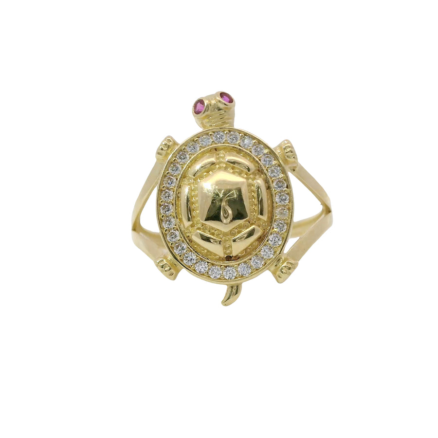 14KT Gold Women's Ring Jumbo Plain Shell Turtle with White CZ Stones Border Pink Eyes Plain Split Band