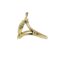 14KT Gold Women's Ring Jumbo Plain Shell Turtle with White CZ Stones Border Pink Eyes Plain Split Band