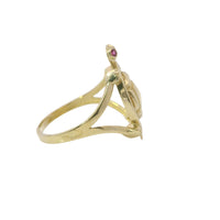 14KT Gold Women's Ring Jumbo Plain Shell Turtle with White CZ Stones Border Pink Eyes Plain Split Band