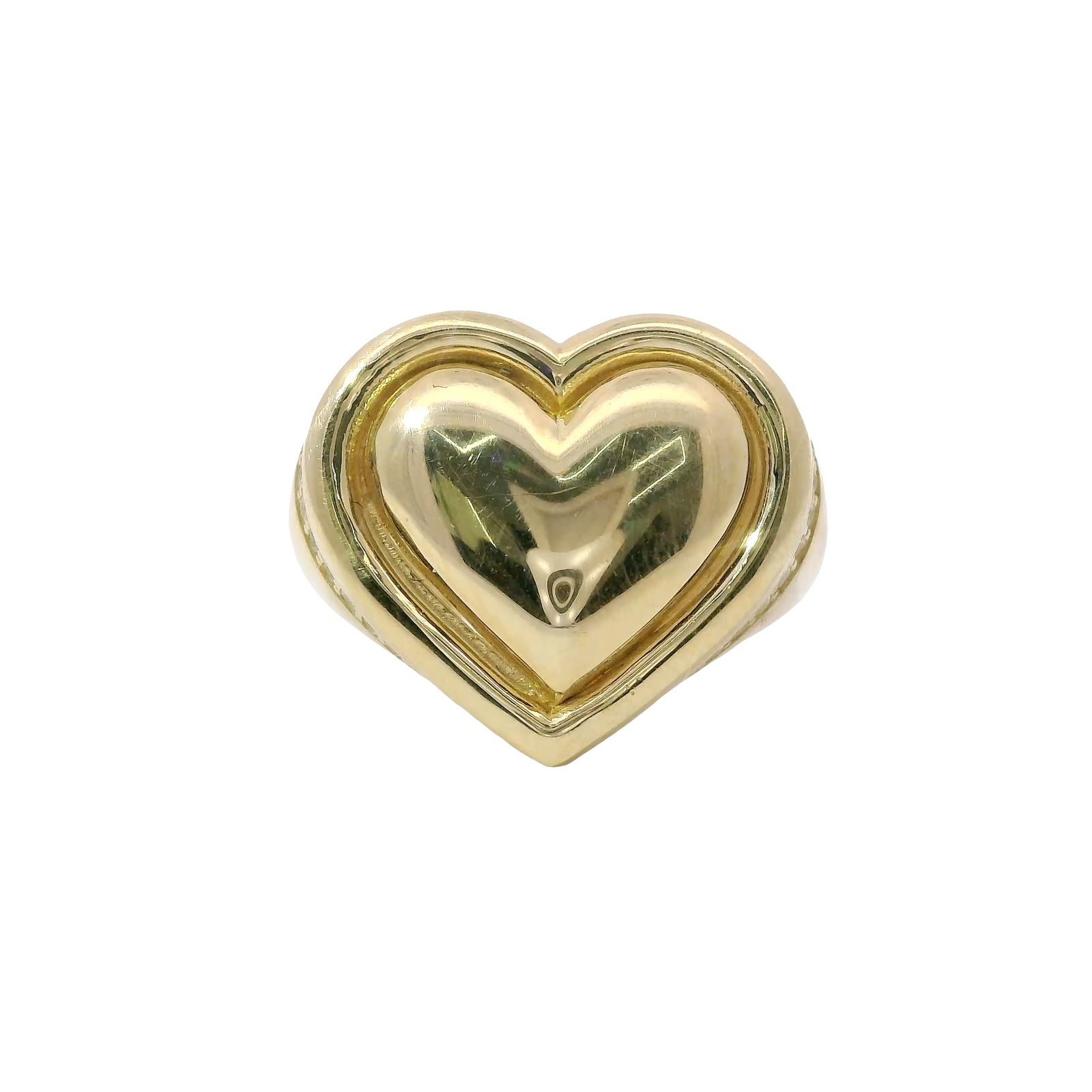 14KT Gold Ring Women's Plain Puff Heart with Plain Puff Heart Border White CZ Stones Edge Plain Band