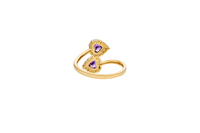 14KT Gold Ring Women's Two Purple Heart CZ Center Stones with White CZ Stones Border Plain Bypass Band