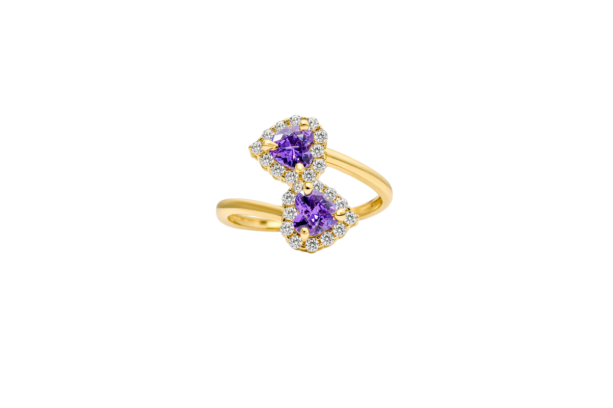 14KT Gold Ring Women's Two Purple Heart CZ Center Stones with White CZ Stones Border Plain Bypass Band